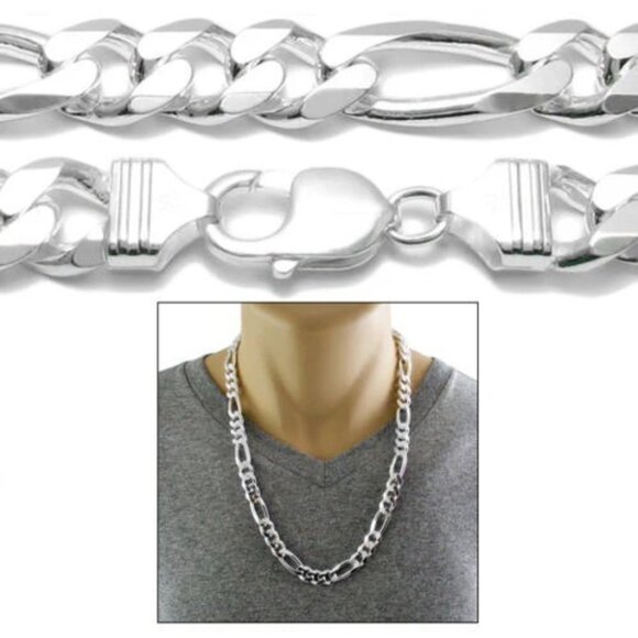 STERLING SILVER FIGARO CHAIN NECKLACE 11MM (GAUGE 300). AVAILABLE IN 6 LENGTHS. - Picture 1 of 3